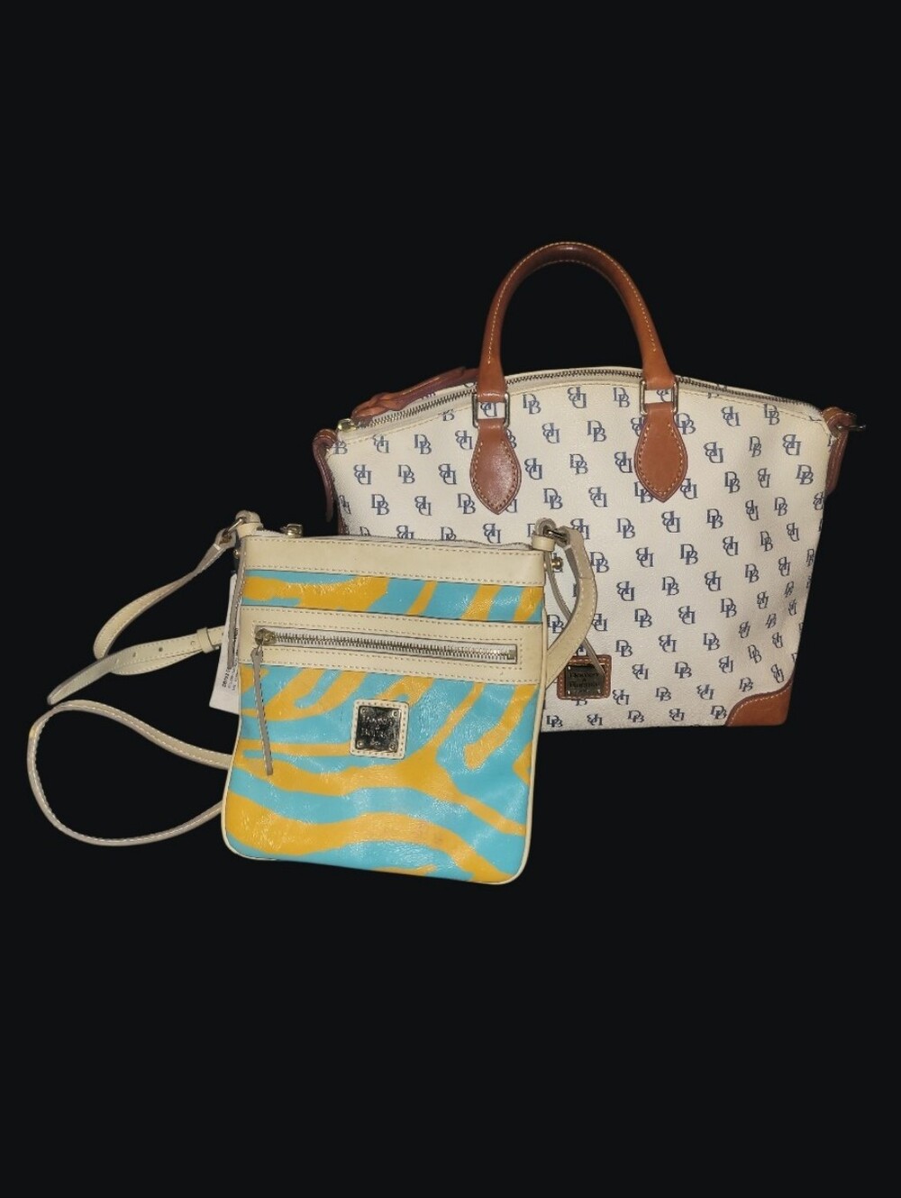 Dooney & Bourke Cream & Brown Monogram Satchel AND Blue & Yellow Crossbody 2fer